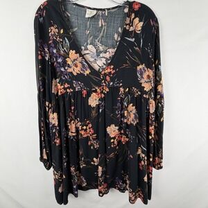 By Together Black Floral Tunic Dress Sz S Long Sleeve Dark Cottage Boho Peasant